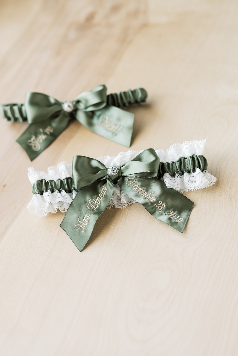 Moss Green Embroidered Bridal Garter Set With White Lace, You're Next Bridal Garter Set, Personalized Green Garter Set With Luxury Gift Box image 3