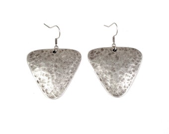 Handmade Hammered Pewter Triangle Earrings, Silver Plated, Hypoallergenic