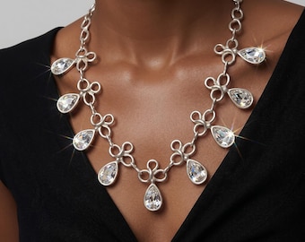 Handmade Sterling Silver Plated Crystal Statement Necklace! 1599-