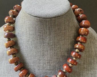 Vintage Himalayan Carnelian Agate Brass Bead Chunky 21” Boho Festival Necklace