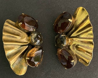 Vintage Orena Paris Goldtone Fan Amber Rhinestone Clip Retro 1.5” Earrings