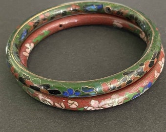 Vintage Cloisonné Floral Multicolored Bangle Bracelets Green Burgundy- Lot of 2