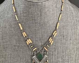 Vintage Bamboo Tribal Wire Wrapped Jade Ethnic Boho Festival 18” Necklace