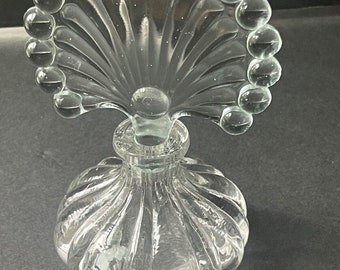 Vintage Perfume Bottle with Fan Shape Stopper Clear Pressed Glass Art Deco 1930s