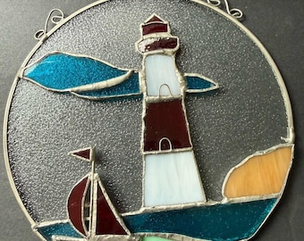 Vintage Stained Glass Lighthouse Suncatcher Ornament Nautical Metal Frame 6"