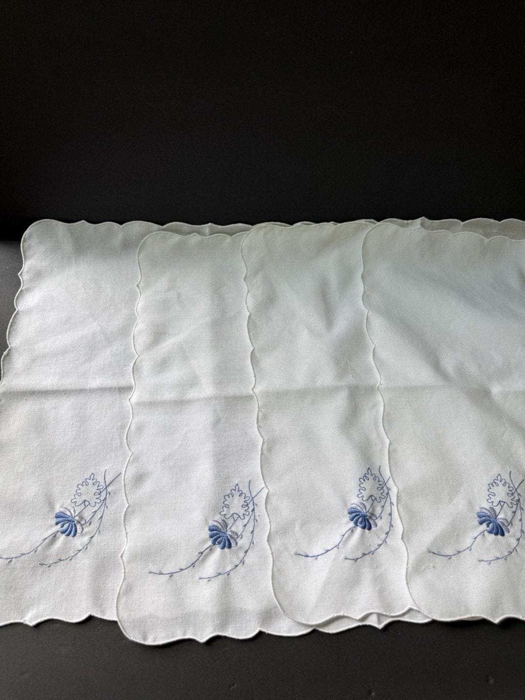 Vintage 60s Crewel Embroidered Napkins Linen Blue White Floral ...