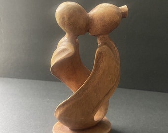 Wood Carved Kissing Couple Minimalist MCM Sculpture Abstract Figurine