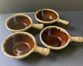 Vintage USA Brown Drip Glaze Croc Soup Handle Bowls Set Of 4 Retro Pottery