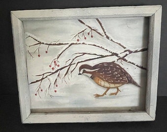 Vintage Wooden Framed Quail Bird Winter Berry Snow Picture 10”x10” Wall Art