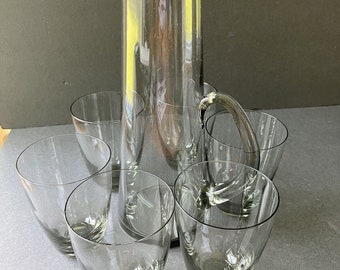 Holmegaard Smoked Glass Martini Decanter Set Cocktail Glasses MCM Retro Barware