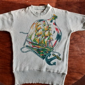 Very rare picture sweater short sleeve " Ship In Bottle " scene rare 1940s 1950s sweater awesome VLV Cable Knit Rockabilly 50s vtg