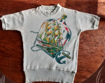 Very rare picture sweater short sleeve " Ship In Bottle " scene rare 1940s 1950s sweater awesome VLV Cable Knit Rockabilly 50s vtg