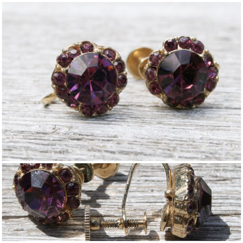 Vintage SIGNED Earrings CORO Screw Back Purple Gold Small Elegant Rhinestones Bridal Wedding Statement 50s