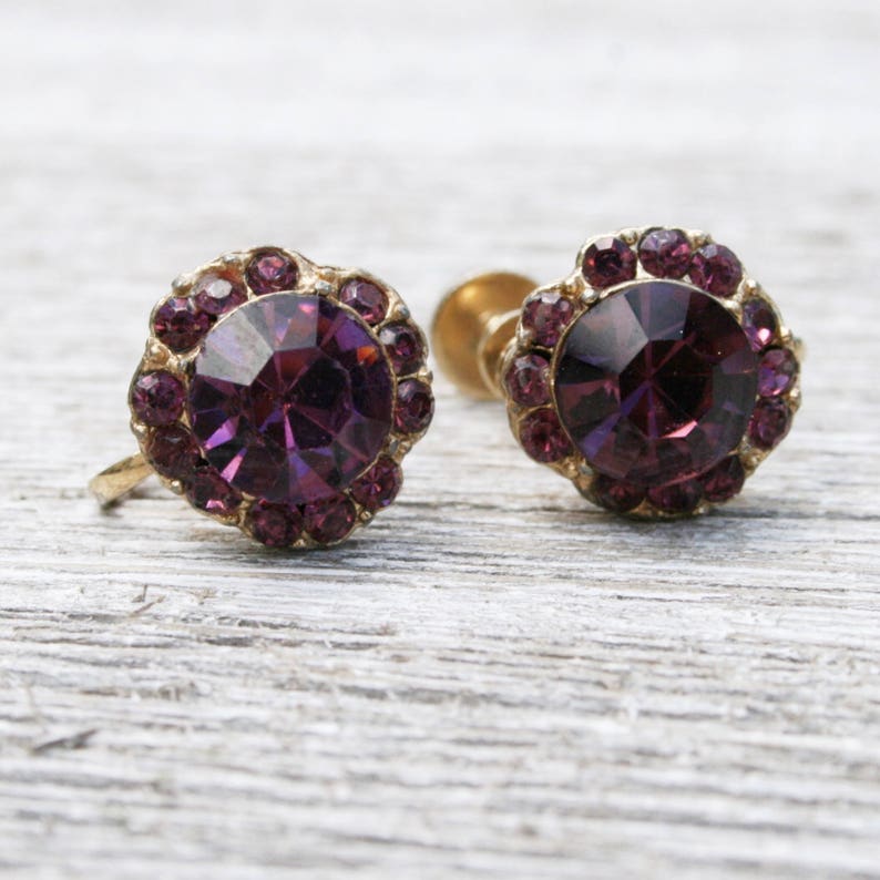Vintage SIGNED Earrings CORO Screw Back Purple Gold Small Elegant Rhinestones Bridal Wedding Statement 50s