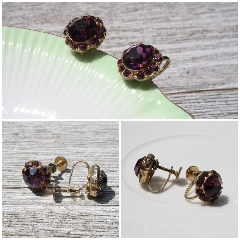 Vintage SIGNED Earrings CORO Screw Back Purple Gold Small Elegant Rhinestones Bridal Wedding Statement 50s