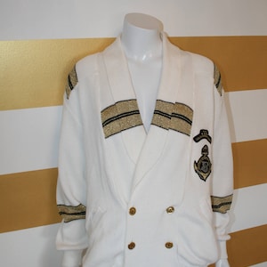 Vintage Oversized Sweater White and Gold Button Up Knit Cardigan Slouchy 90s M Vintage Oversized Sweater White and Gold Button Up Knit Cardigan Slouchy 90s M