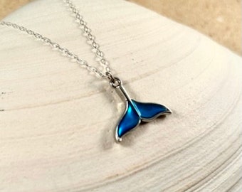 Blue Enamel Whale Tail Necklace, Whale Tail Necklace, Nautical Gift, Sterling Silver Necklace