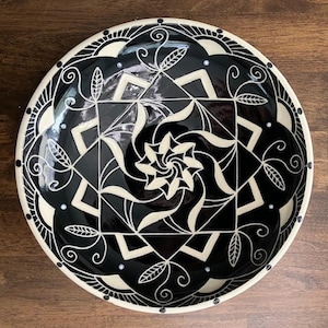 Black and Off White Hand Carved Sgraffito Art Pottery Bowl