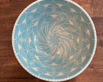 Handmade Pale Sea Blue and White Sgraffito Ceramic Art Bowl