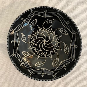 Black and Off White Sgraffito Carved Original Ceramic Art Pottery Bowl