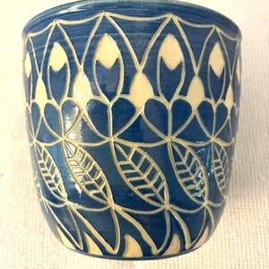 Blue and White Sgraffito Ceramic Pottery Cup Tumbler