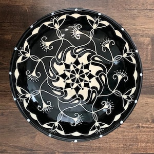 Handmade Black and Off White Sgraffito Pottery Art Bowl
