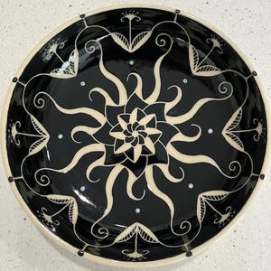 Handmade Pottery Black and White Sgraffito Carved Art Bowl