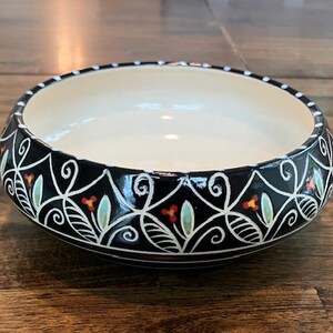 Black and Off-White Handmade Ceramic Pottery Bowl Sgraffito Carved