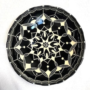 Handmade Ceramic Pottery Black and Off White Sgraffito Carved Bowl
