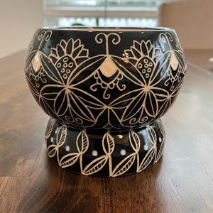 Handmade Ceramic Pottery Black and White Sgraffito Carved Art Bowl Pot