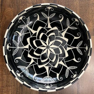 Black and Off White Sgraffito Pottery Original Art Bowl