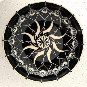 Black and Off White Sgraffito Hand Carved Pottery Art Bowl