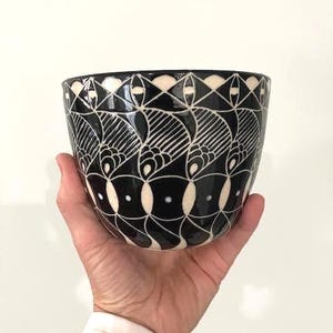 Handmade pottery Black and White Sgraffito Cache Pot