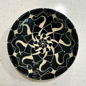 Handmade Black and White Pottery Sgraffito Carved Art Bowl
