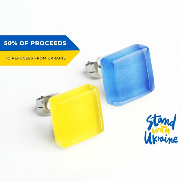 Support Ukraine charity statement earrings yellow blue ukranian flag glass ear studs help for refugees from Ukraine