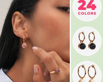 Pendientes aros de oro rosa con charms | Pendientes de clip colgantes con piedras en 24 colores | Mezclar y combinar joyas