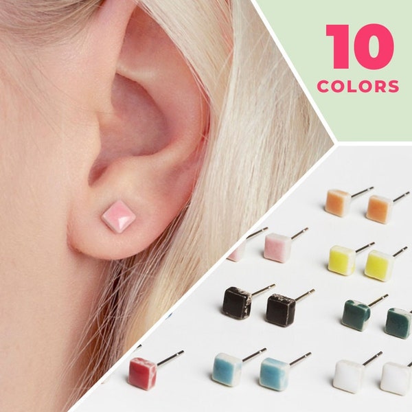 Ceramic earrings tiny studs unique gift for girlfriend minimalistic jewelry in blue, green, red, yellow, black, white colors