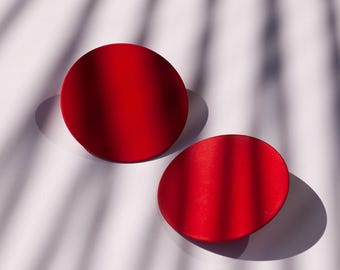 Pendientes metálicos extragrandes, pendientes de botón de disco plano, joyería minimalista roja llamativa