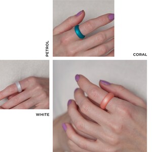 May include: Three silicone rings in different colors: white, teal, and coral. The rings are shown on a person's finger.