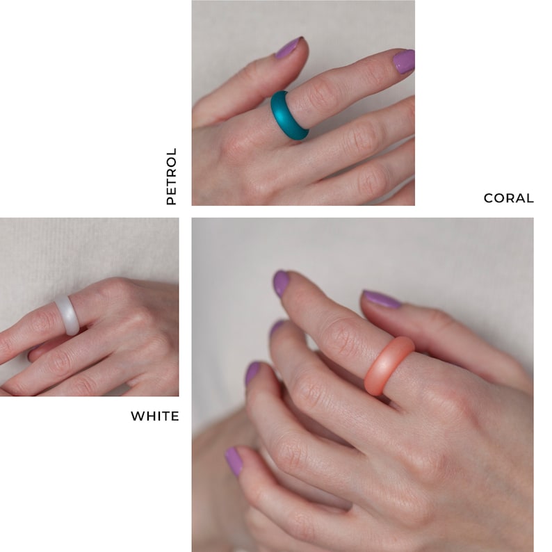 May include: Three silicone rings in different colors: white, teal, and coral. The rings are shown on a person's finger.
