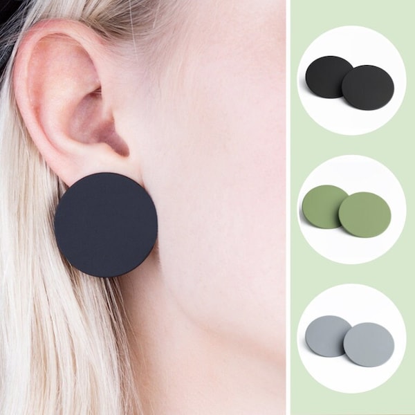 Statement large stud earrings minimalist circle in black, green, grey color sustainable gifts for her