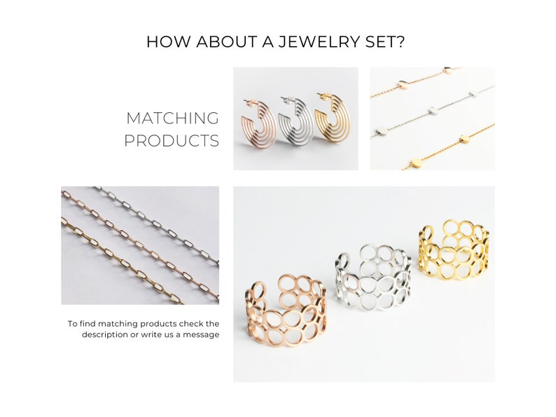 Pode incluir: Tr&ecirc;s conjuntos de joias em ouro, prata e ouro rosa. Cada conjunto inclui um colar, um par de brincos de argola e um anel. As joias s&atilde;o feitas de metal fino e t&ecirc;m um design geom&eacute;trico delicado.