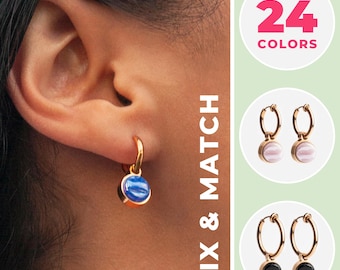Pendientes de aro de oro rosa con charms | Pendientes de clip colgantes con piedras en 24 colores | Mezcla y combina joyas