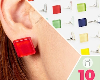 Colorful clip on earrings for women square large artsy ear clips 15 mm minimalist jewellery gifts
