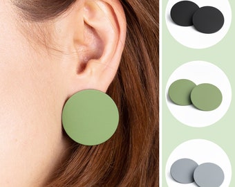 Large stud earrings black, green, grey flat back round bauhaus jewelry unique gift