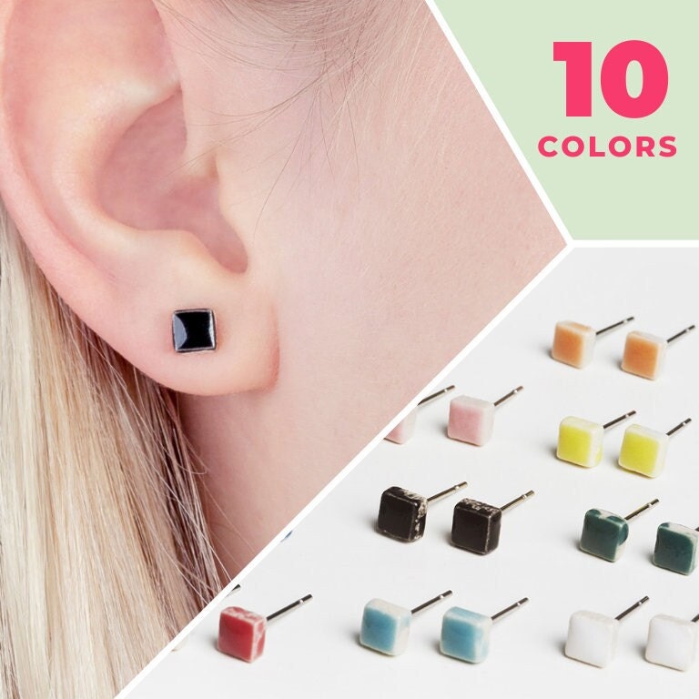 Tiny black stud earrings stainless steel geometric stone ceramic jewelry in DIFFERENT COLORS