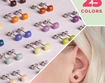Glass stud earrings COLORFUL birthstone studs for 2, 3 ear hole hypoallergenic recycling jewellery gifts for her under 20