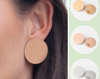Extra large statement earrings for her round shape studs in 18k gold, silver, rosegold
