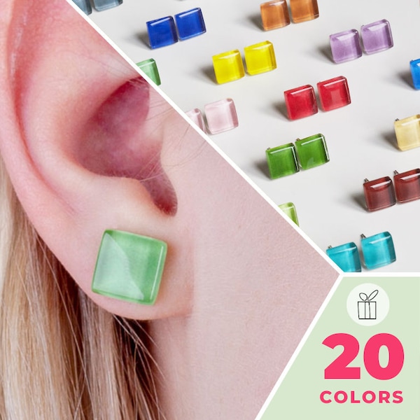 MANY COLORS glass earrings nickel free square stud earrings colorful jewelry for girlfriend gift