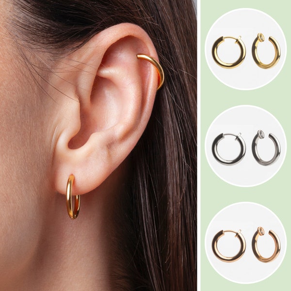 Piccoli orecchini a cerchio a clip in argento, oro, oro rosa | personalizzabile con pendenti in 24 colori | Mescola e abbina i gioielli